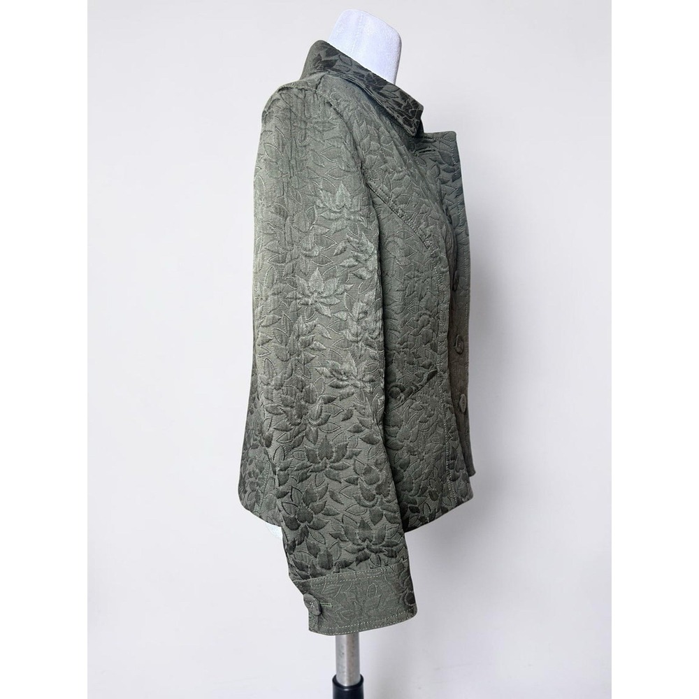J Jill Quilted Jacket MP Olive Green Embossed Floral Petite Pockets - Picture 5 of 11